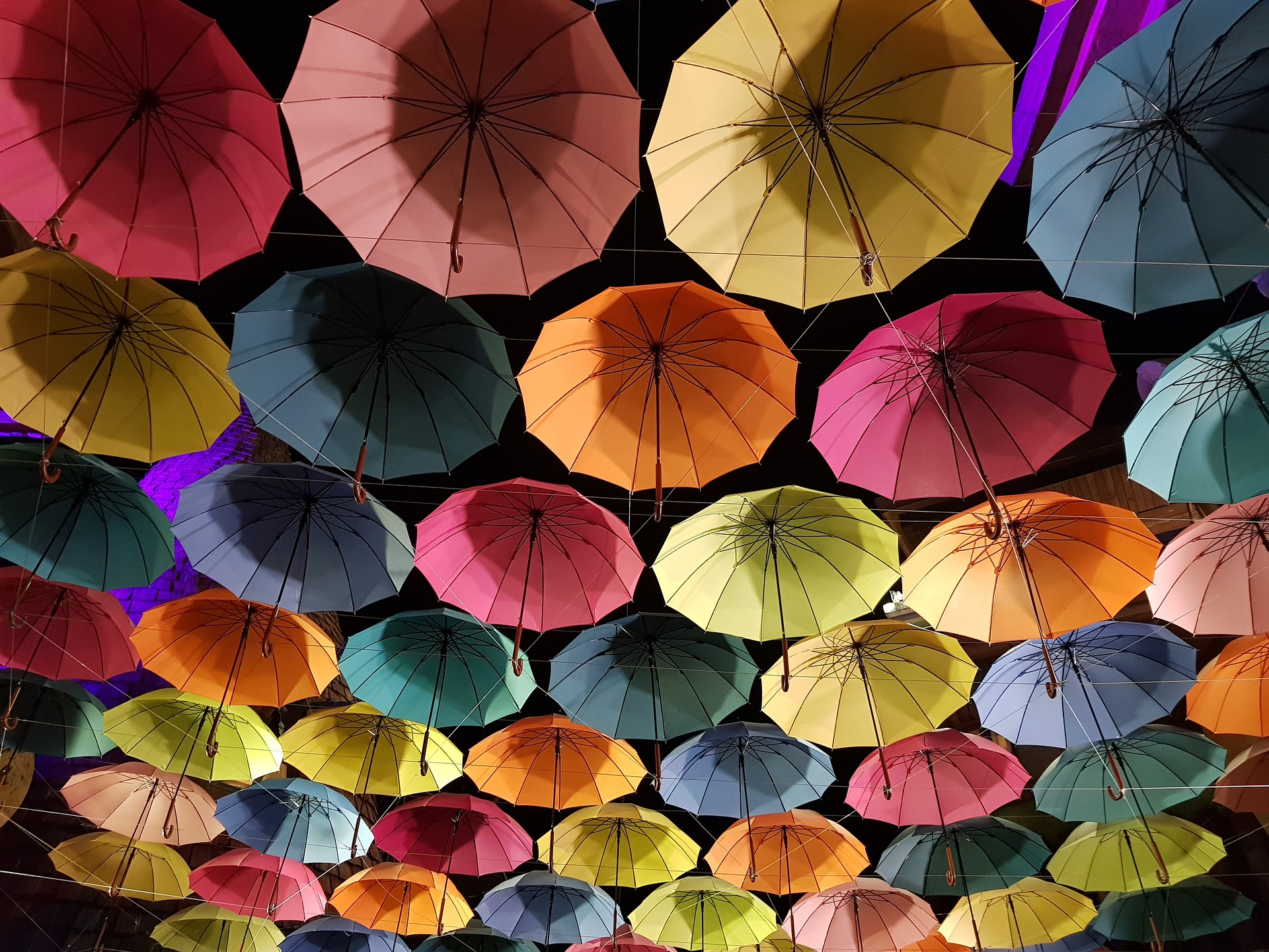 Many different color umbrellas.